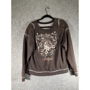 Affliction Sweater Women L Black Brown Wildflower Daze Live Fest Grunge Pullover